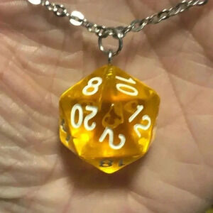 Yellow 20 Sided Die D&D Dungeons and Dragons Stainless Steel Necklace.